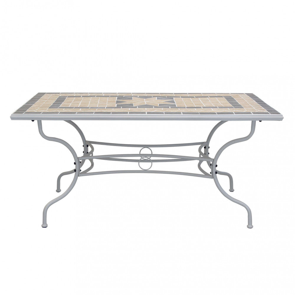 Tavolo da giardino rettangolare Perse 160x90 cm, con struttura in cemento e acciaio e piano con mosaico marrone chiaro e grigio | Albert Stock