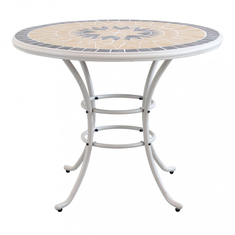 Tavolo da giardino rotondo Perse Ø 90 cm con piano in cemento e mosaico marrone/grigio, base in ferro tortora, ideale per esterni | Albert Stock