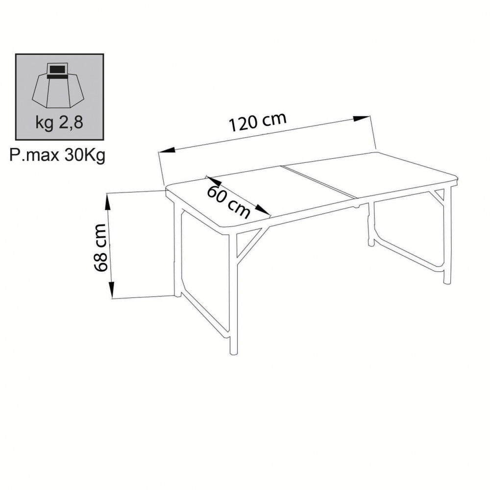 Schema tecnico con dimensioni del tavolo pieghevole Cosma Modello BC807834.