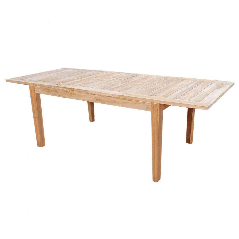 Tavolo da giardino Ribot in teak massello isolato su sfondo bianco, che mostra il piano a doghe e la struttura robusta.