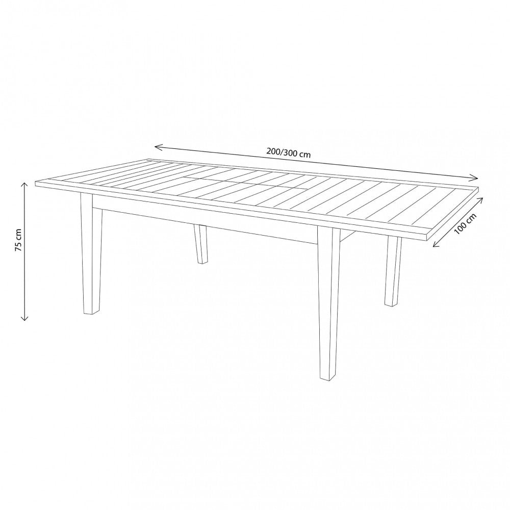 Disegno tecnico del tavolo da giardino Ribot con quote dettagliate che indicano la lunghezza estensibile da 200 a 300 cm, larghezza 100 cm e altezza 75 cm.