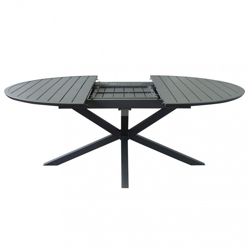Tavolo rotondo allungabile da esterno Camelot antracite in alluminio, diametro variabile da 150 a 204 cm.
