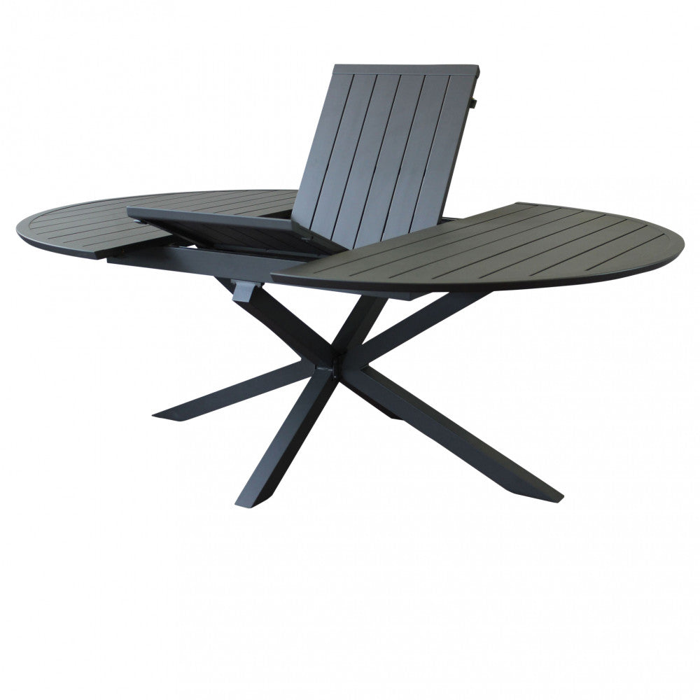Tavolo rotondo allungabile da esterno Camelot antracite in alluminio, diametro variabile da 150 a 204 cm.