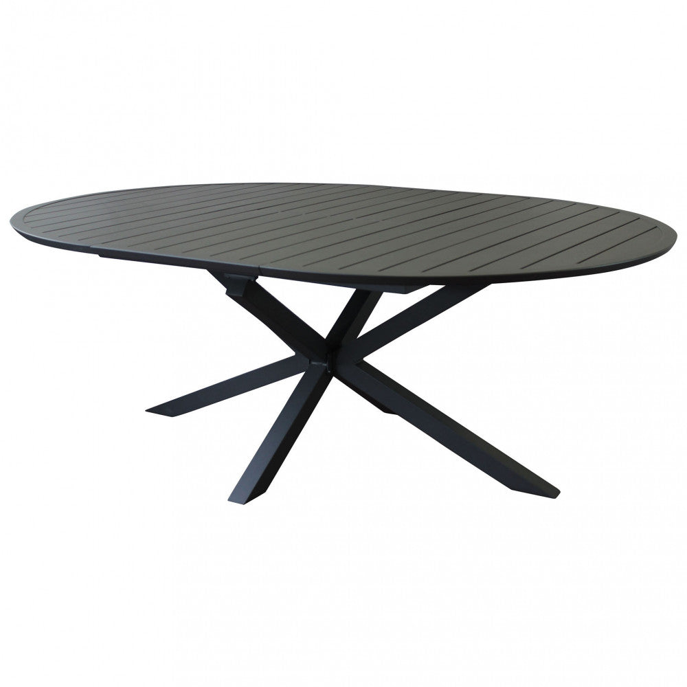 Tavolo rotondo allungabile da esterno Camelot antracite in alluminio, diametro variabile da 150 a 204 cm.
