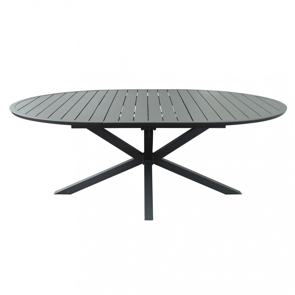 Tavolo rotondo allungabile da esterno Camelot antracite in alluminio, diametro variabile da 150 a 204 cm.