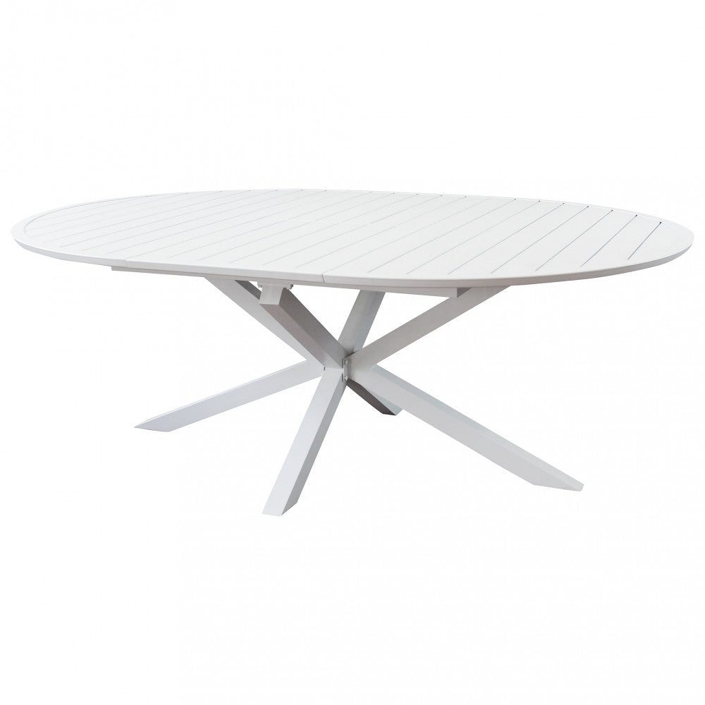 Tavolo rotondo allungabile da esterno Camelot bianco in alluminio, diametro variabile da 150 a 204 cm.