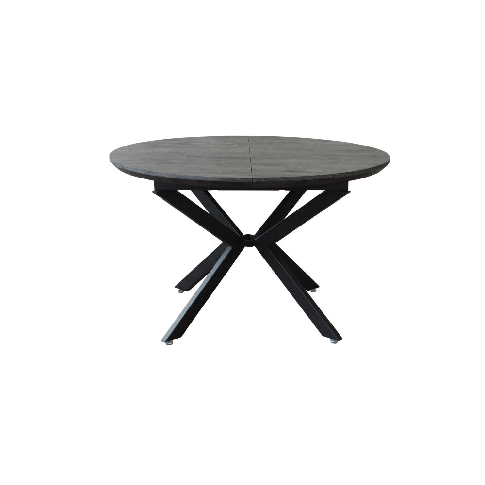 Vista frontale del tavolo rotondo Garry, che mostra il design geometrico delle gambe.