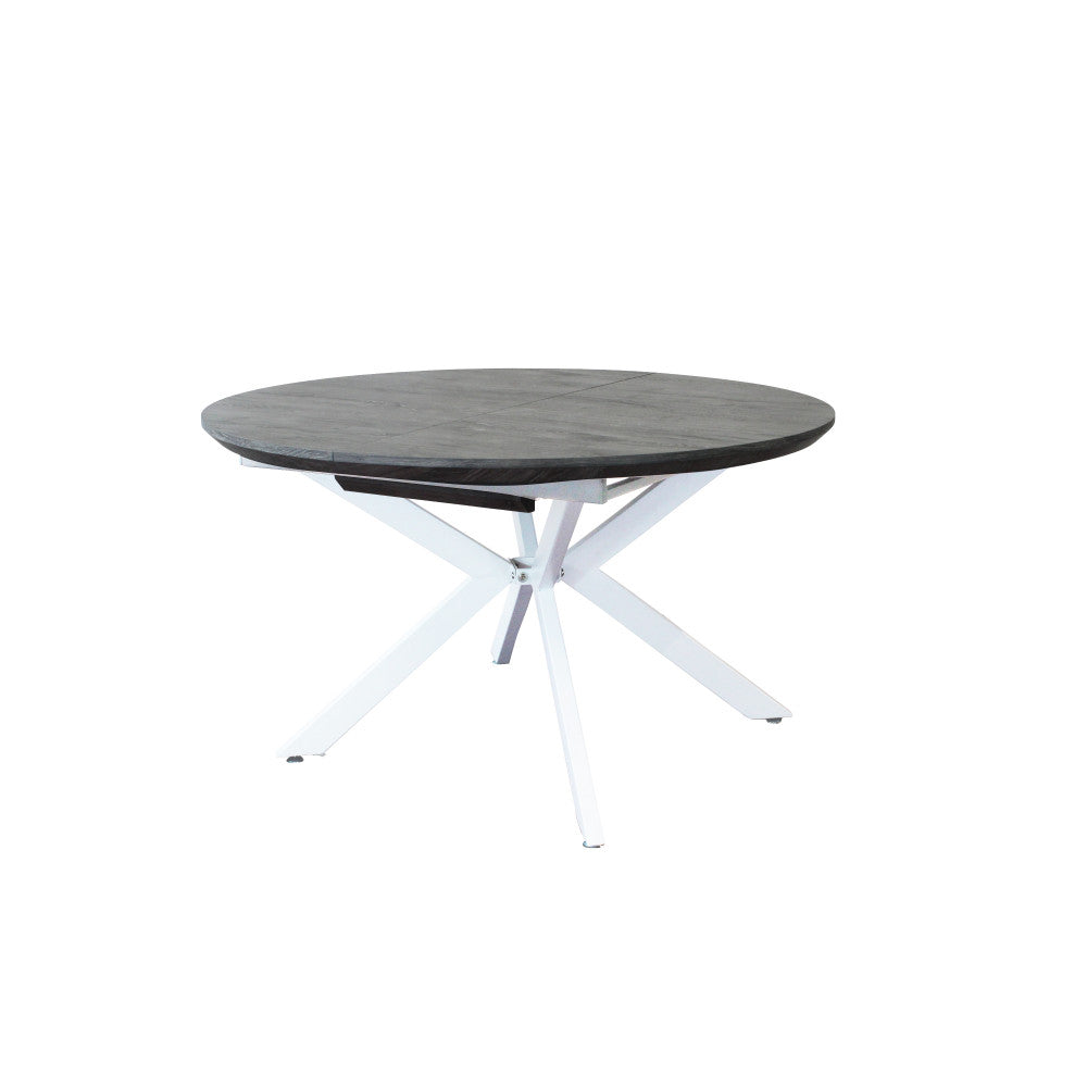 Tavolo da pranzo Garry nella sua forma rotonda compatta da 120 cm, con il piano antracite e la base bianca incrociata.