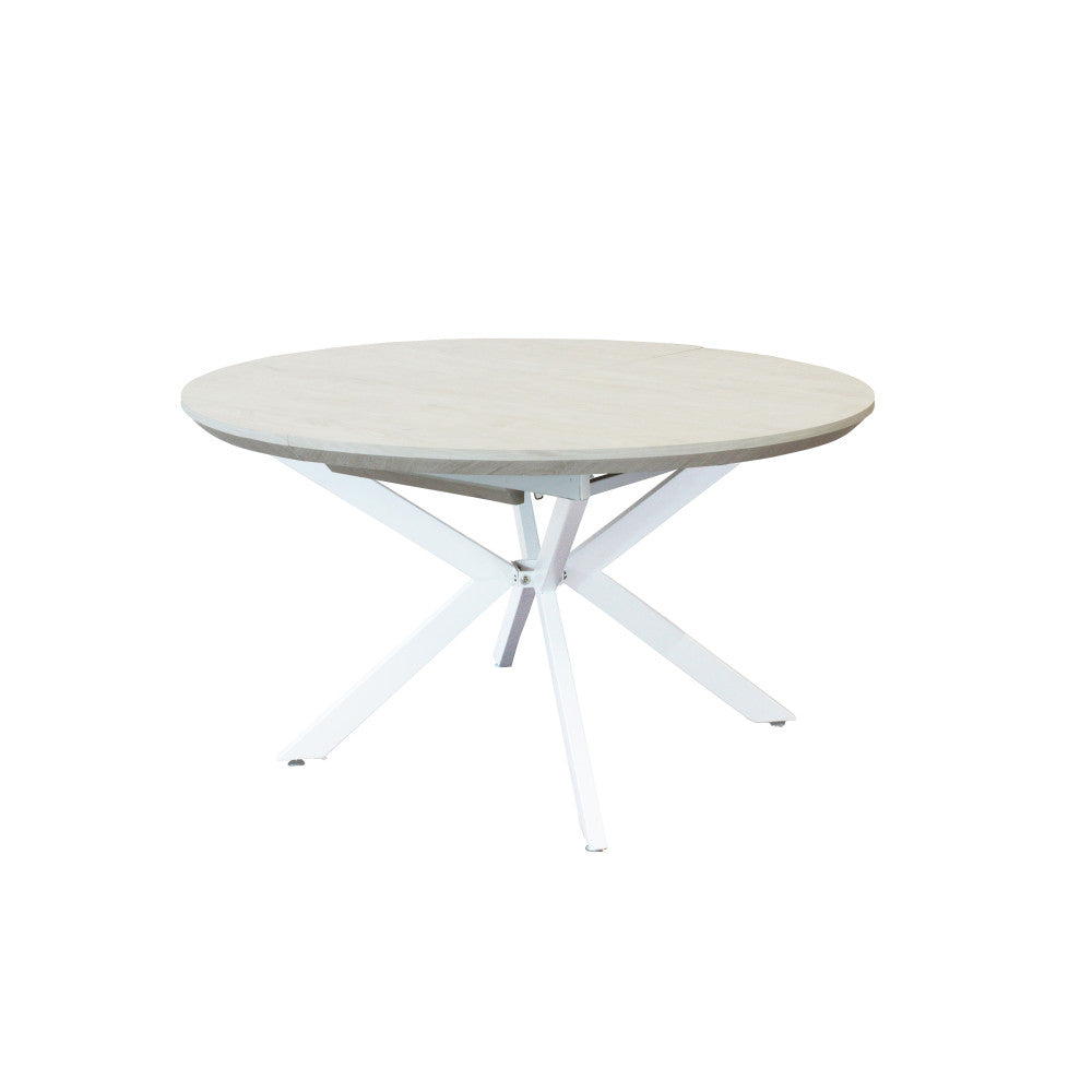 Tavolo rotondo Garry nella sua configurazione chiusa da 120 cm, dal design compatto e moderno su sfondo bianco.