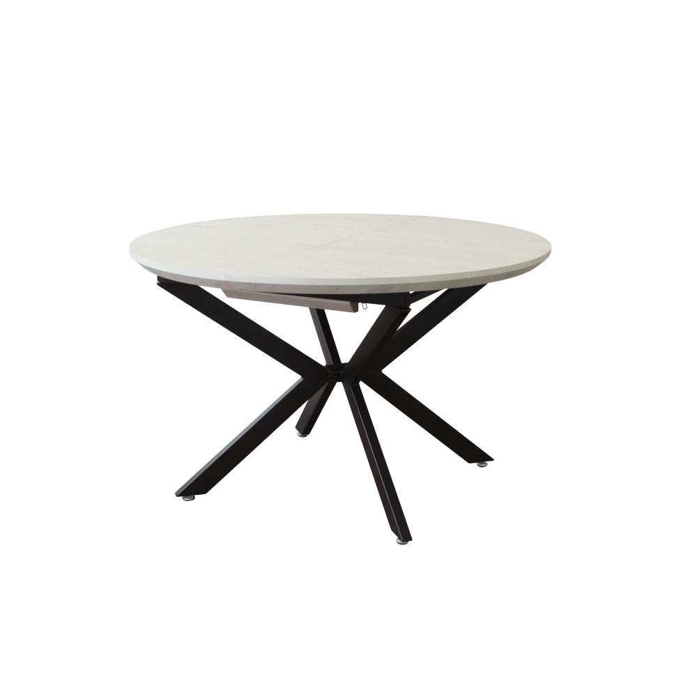 Tavolo rotondo Garry nella sua configurazione chiusa da 120 cm, con base architettonica nera.