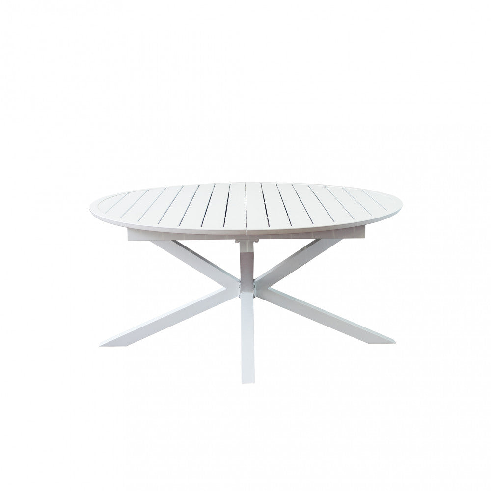 Tavolo rotondo Camelot chiuso a 150 cm, design minimalista in alluminio bianco.
