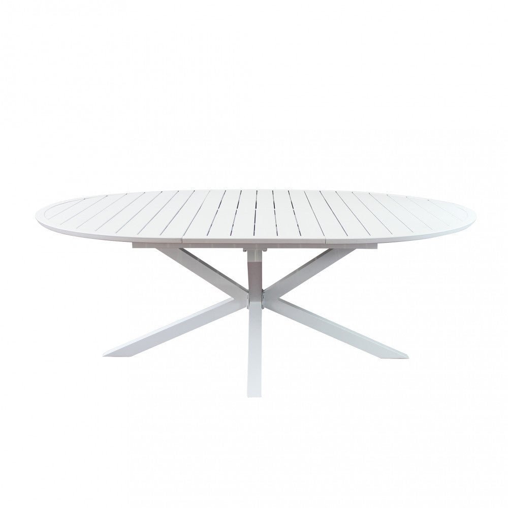 Tavolo Camelot completamente esteso a 200 cm, forma ovale in alluminio bianco.