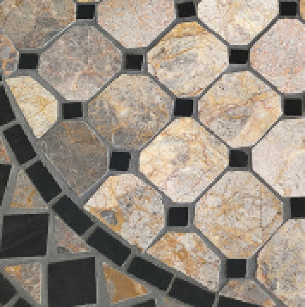 Vista dall'alto del pattern geometrico in ceramica beige e antracite.