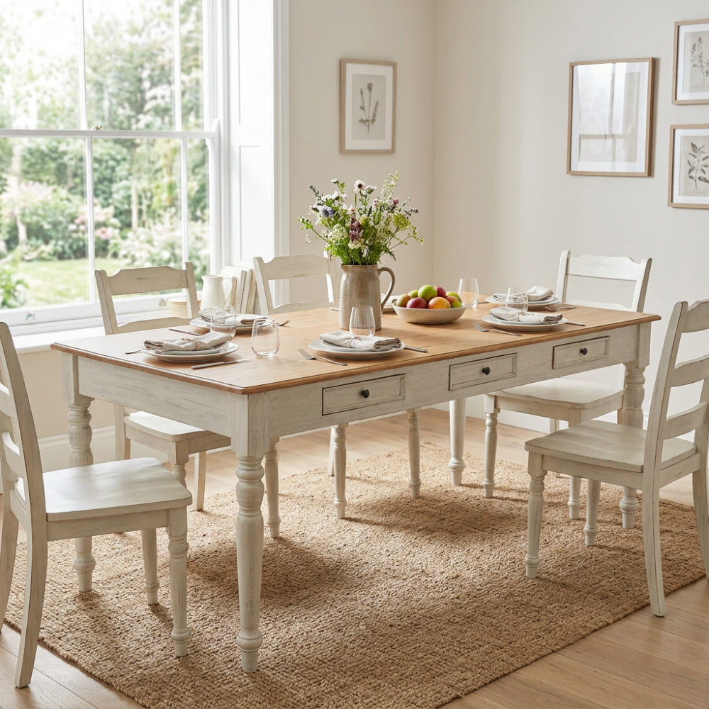 Tavolo da pranzo Russell marrone e bianco in un ambiente luminoso con stoviglie eleganti e fiori freschi.
