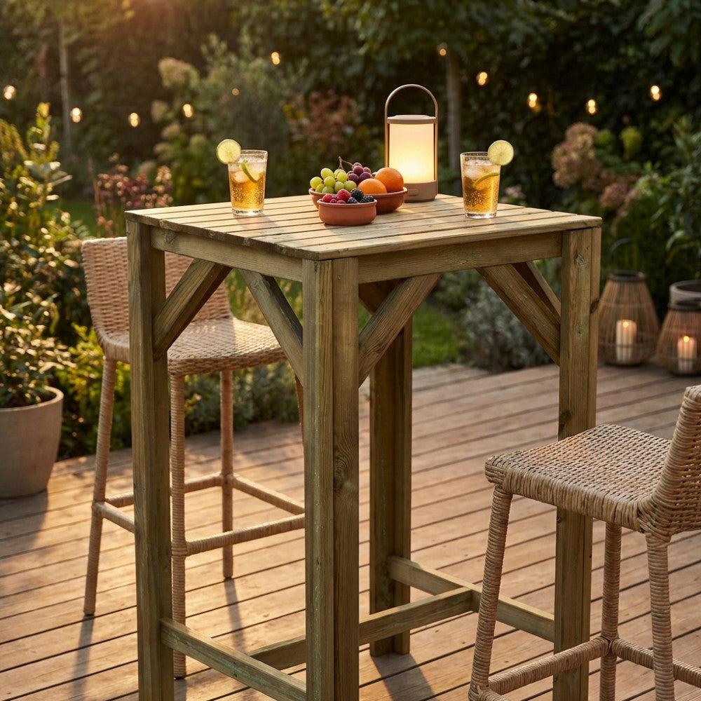 Tavolo da esterno in legno vintage su terrazza con sgabelli in midollino