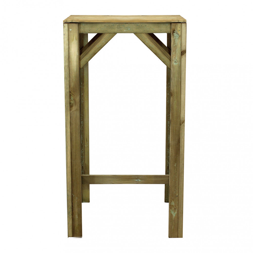 Vista frontale del tavolo alto in legno con supporti strutturali