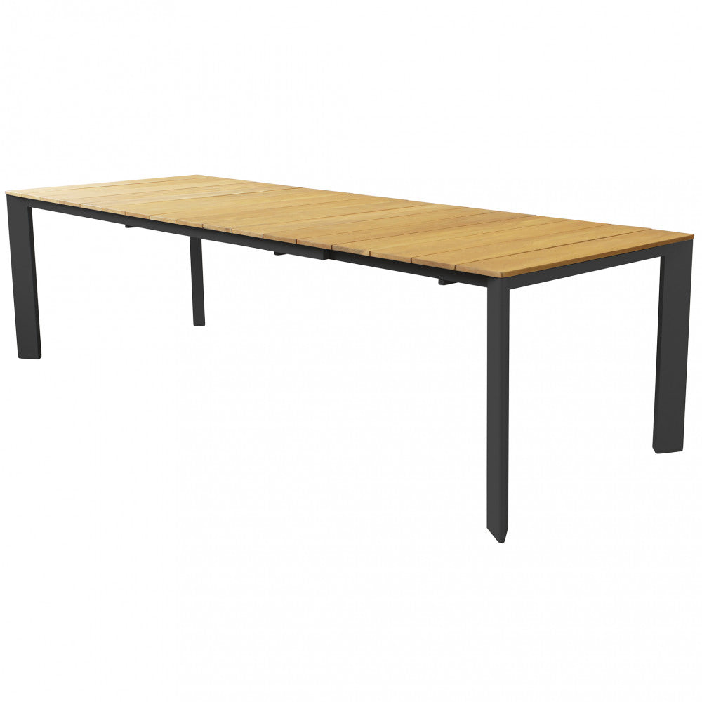 Struttura isolata del tavolo da pranzo Tulcán in teak e alluminio antracite su sfondo bianco.