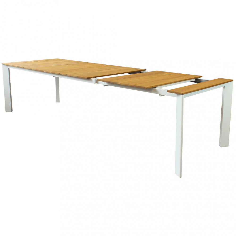 Dettaglio del meccanismo di allungamento del tavolo Tulcán in teak su sfondo bianco.