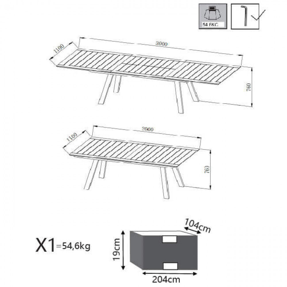 Disegno tecnico del tavolo Zante con quote dimensionali, istruzioni di montaggio e dettagli dell'imballaggio.