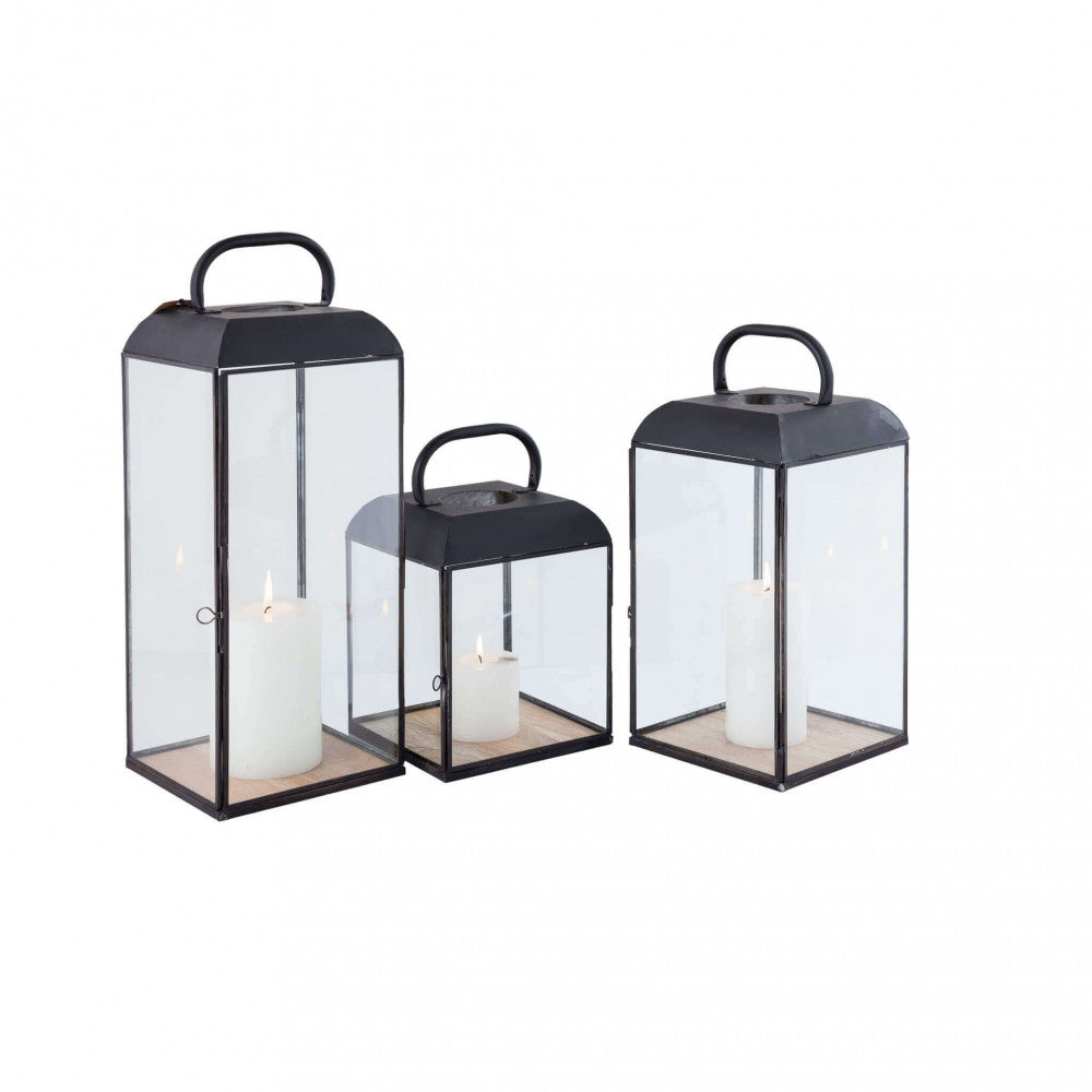 Tris di lanterne Millicet con dettaglio base in legno