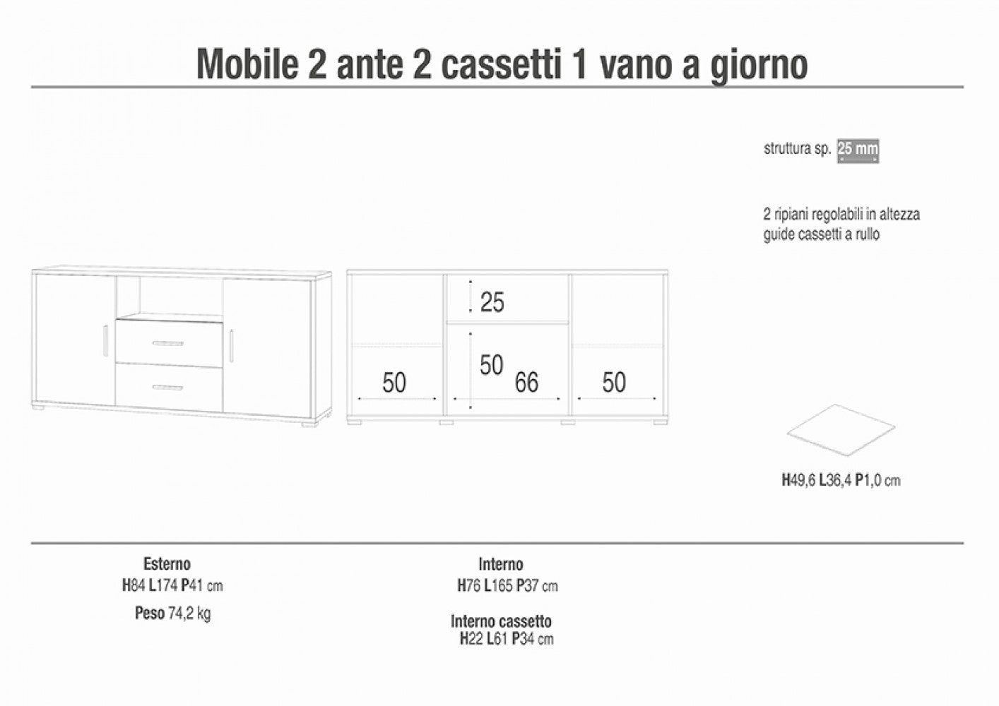 MOBILE 2 ANTE 2 CASSETTI KIT OSSIDO BIANCO E NOCE STELVIO