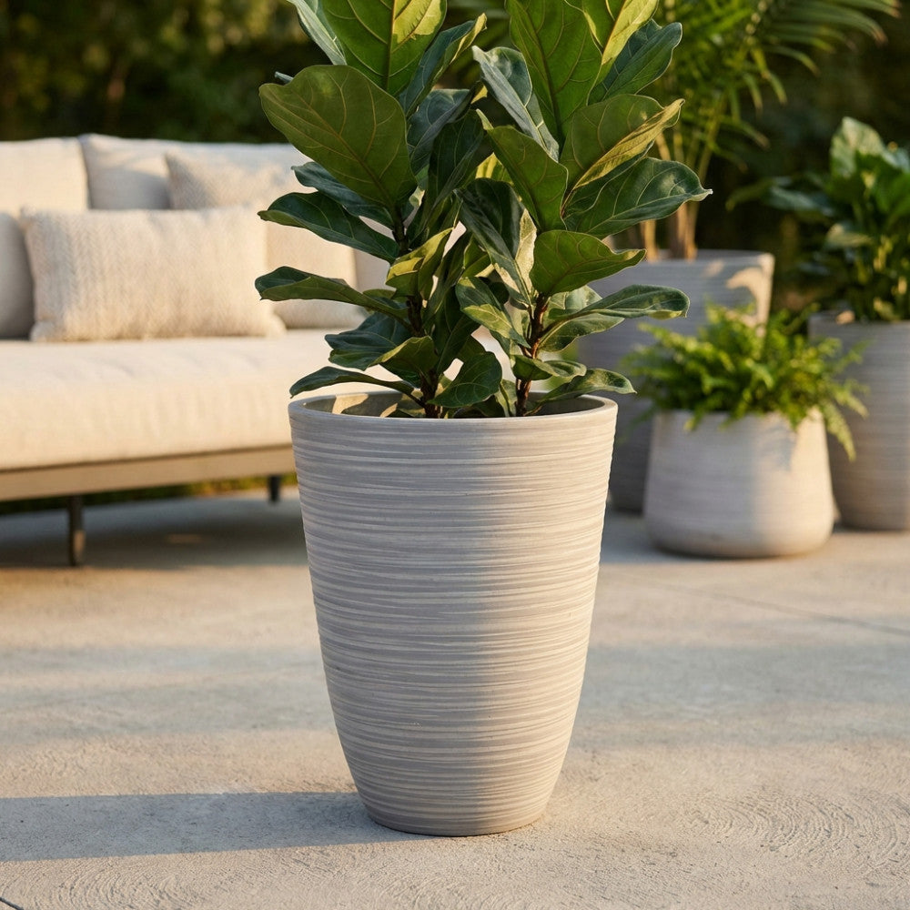 Vaso Grande Anemone in fibra sintetica antracite con un Ficus Lyrata su un patio esterno soleggiato accanto a un divano beige.