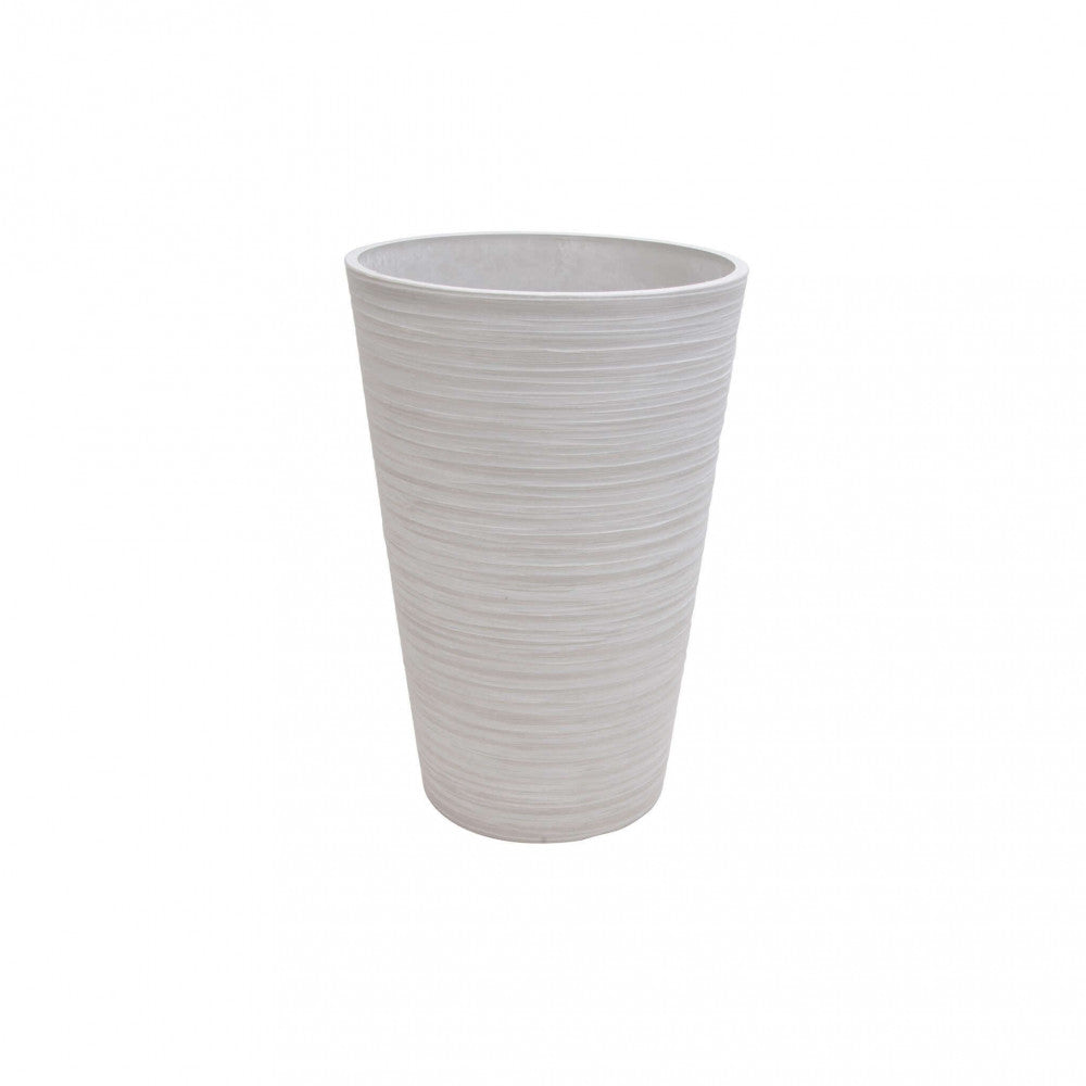 Vista frontale del vaso grande Azalea in fibra sintetica bianca, che evidenzia la texture a coste orizzontali.