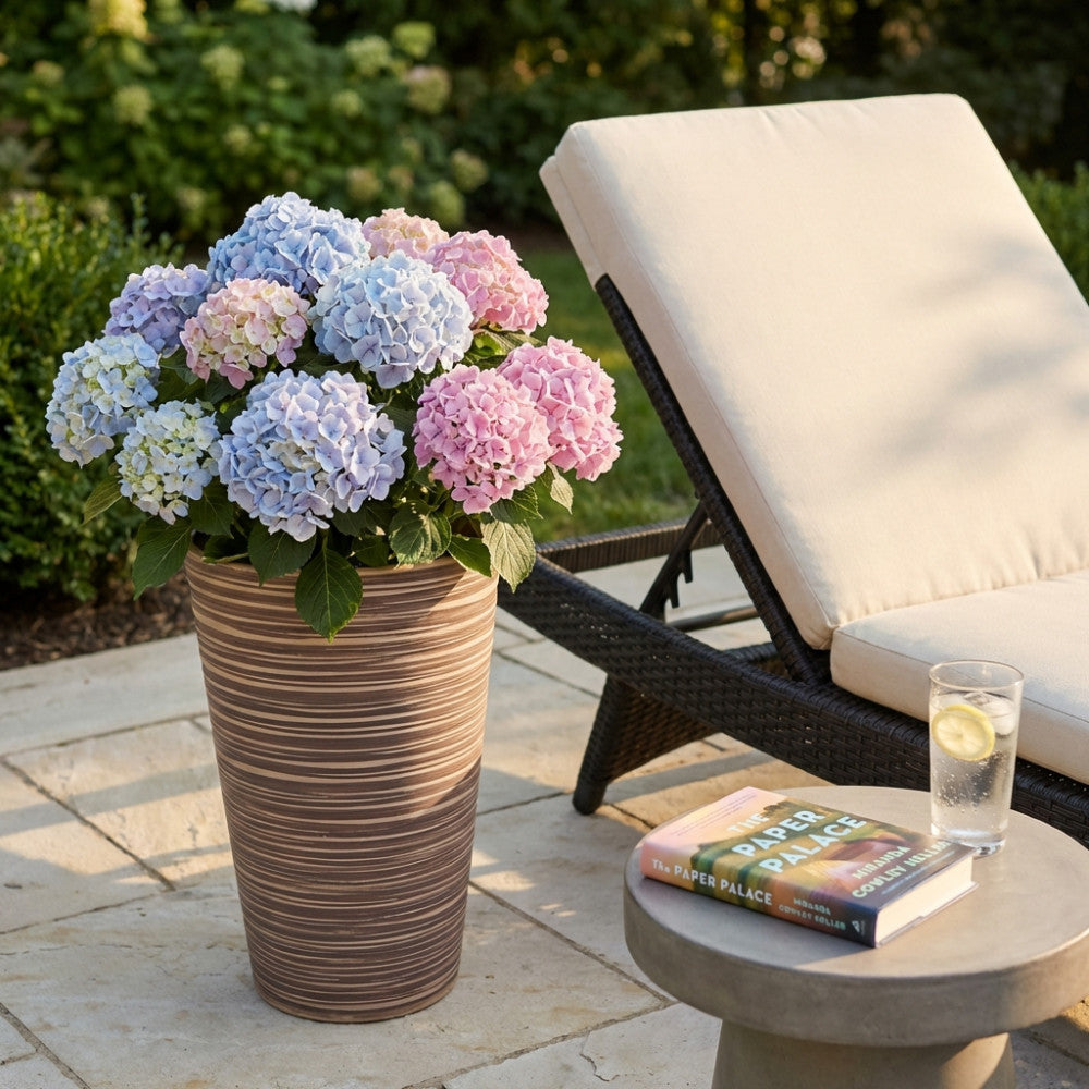 Vaso Grande Azalea color taupe in fibra sintetica, allestito all'aperto con ortensie fiorite accanto a un lettino prendisole.