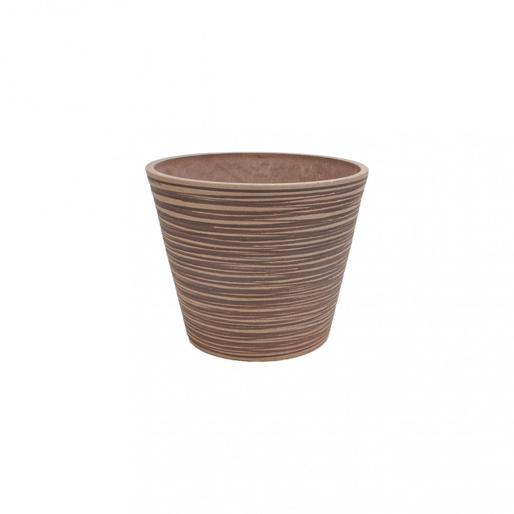 Vista angolata del Vaso Grande Camelia in fibra sintetica taupe su sfondo neutro.