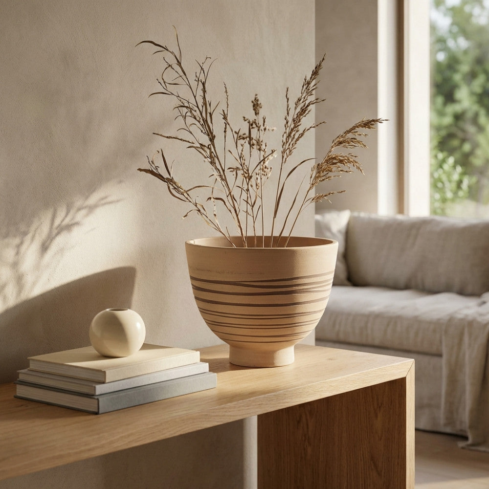 Vaso Grande Narciso color taupe in fibra sintetica, decorato con rami secchi, posizionato su una consolle in legno di rovere illuminata dalla luce naturale.