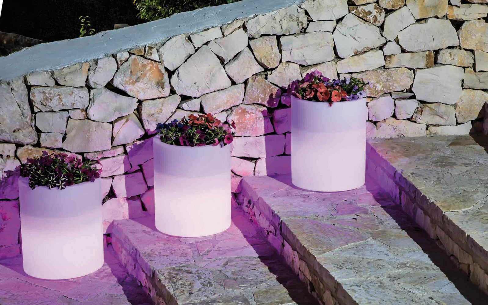 Tre vasi luminosi cilindrici con luce lilla posizionati su gradini in pietra naturale con fiori colorati.