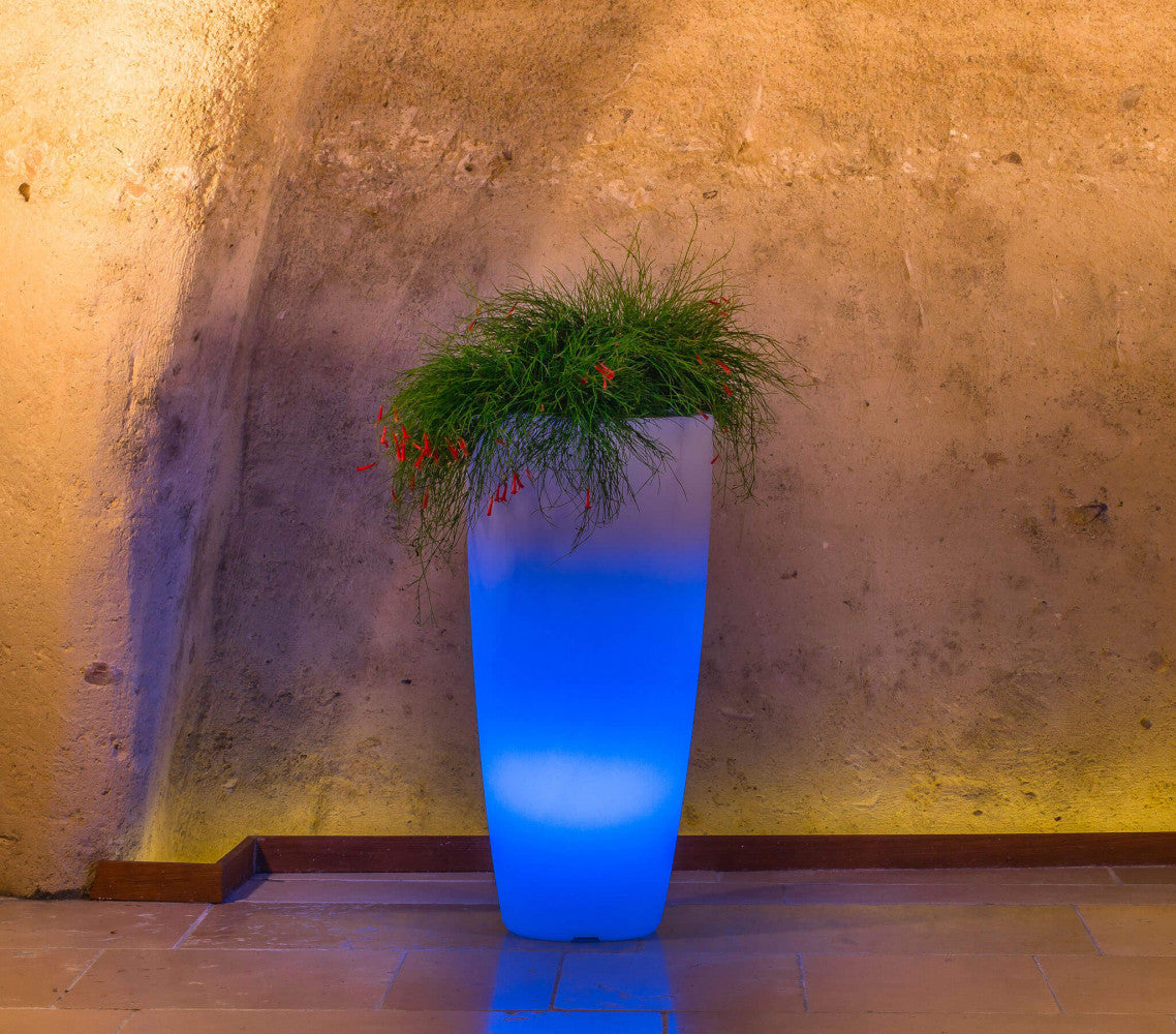 Vaso luminoso Hydra con LED blu intenso, posizionato contro una parete in pietra rustica.
