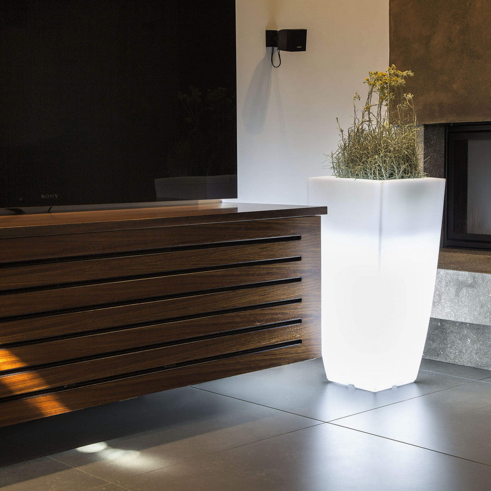 Vaso luminoso integrato in un soggiorno moderno, posizionato accanto a una consolle in legno scuro con una composizione floreale secca.