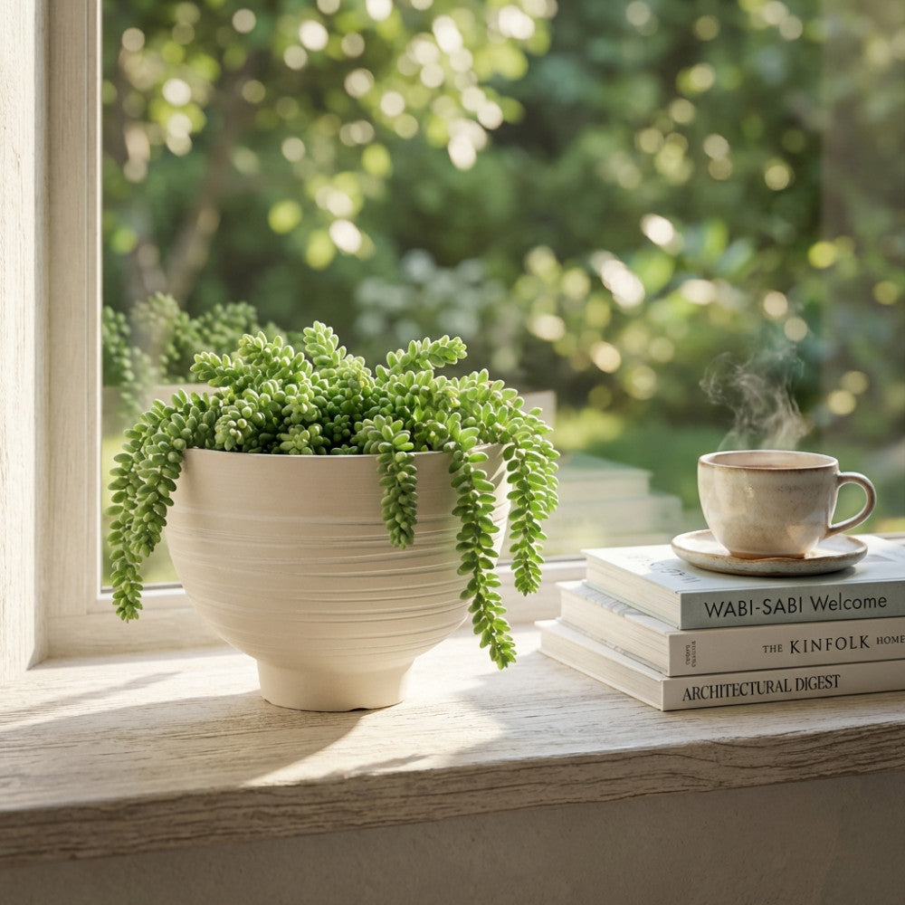 Dettaglio del Vaso Narciso illuminato dalla luce naturale, affiancato da libri di design e una tazza di caffè fumante per un'atmosfera rilassante.