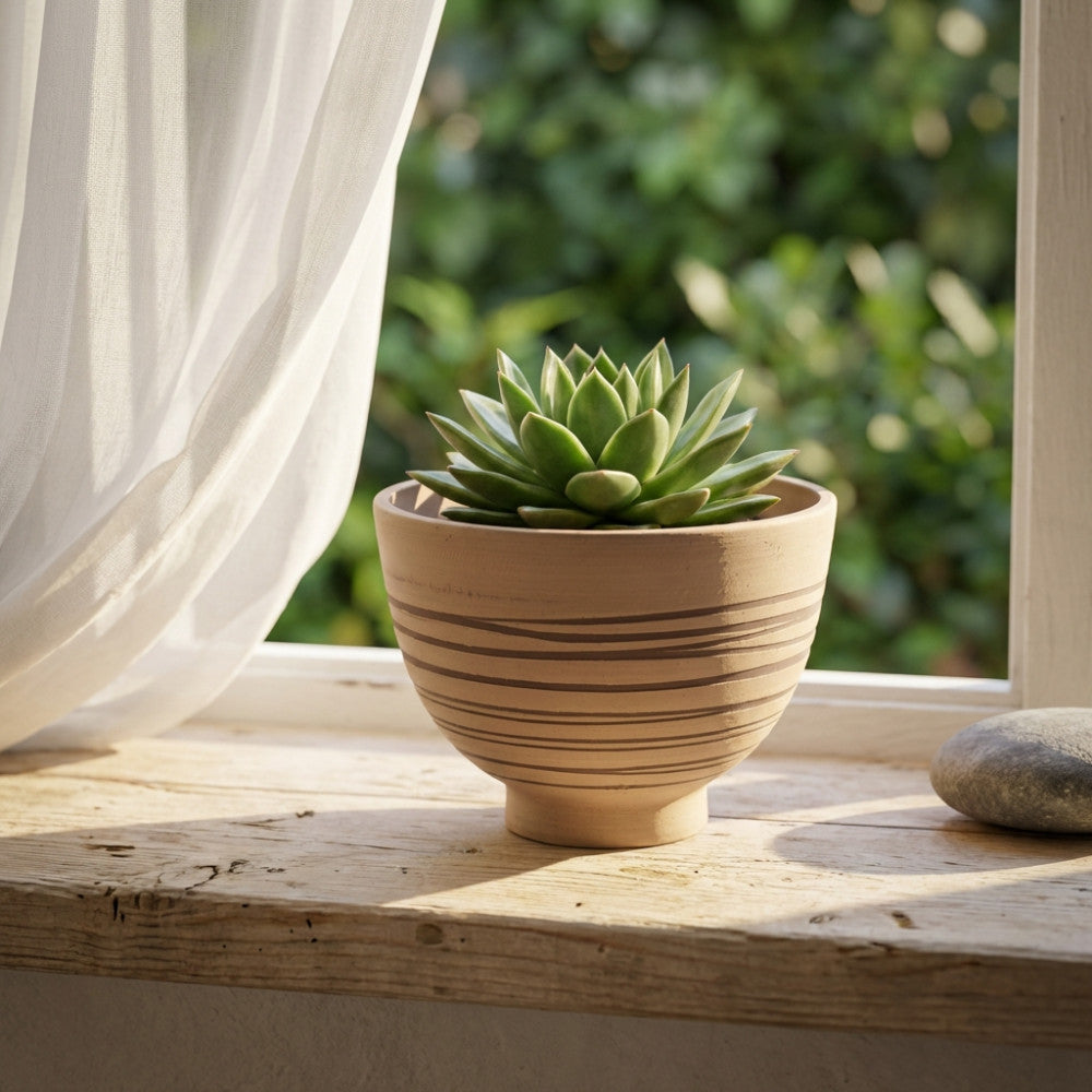 Vaso Medio Narciso color taupe con pianta grassa, posizionato su un davanzale in legno rustico illuminato dalla luce naturale.