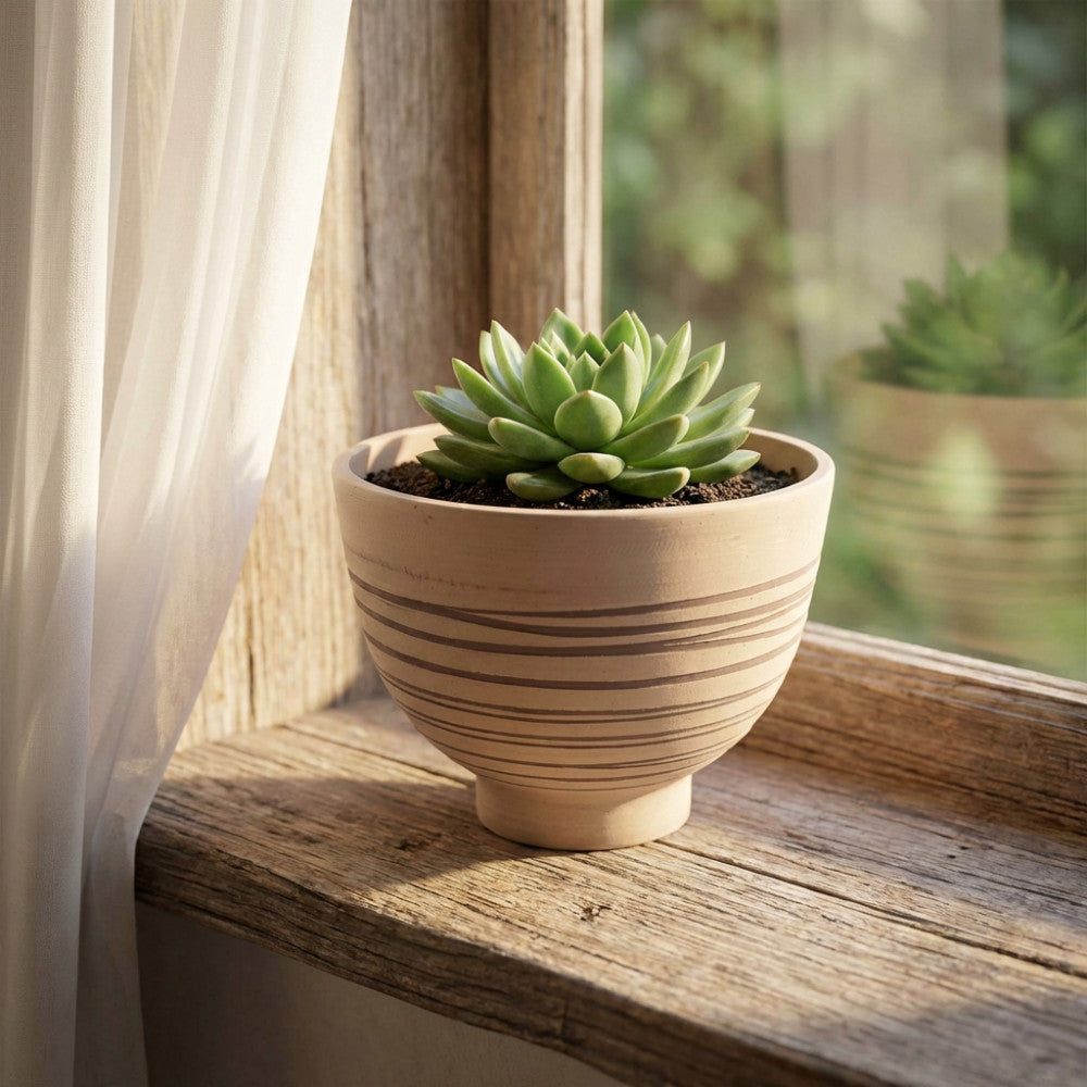 Dettaglio del Vaso Medio Narciso in fibra sintetica taupe con pianta succulenta, vicino a una tenda bianca trasparente e una finestra.
