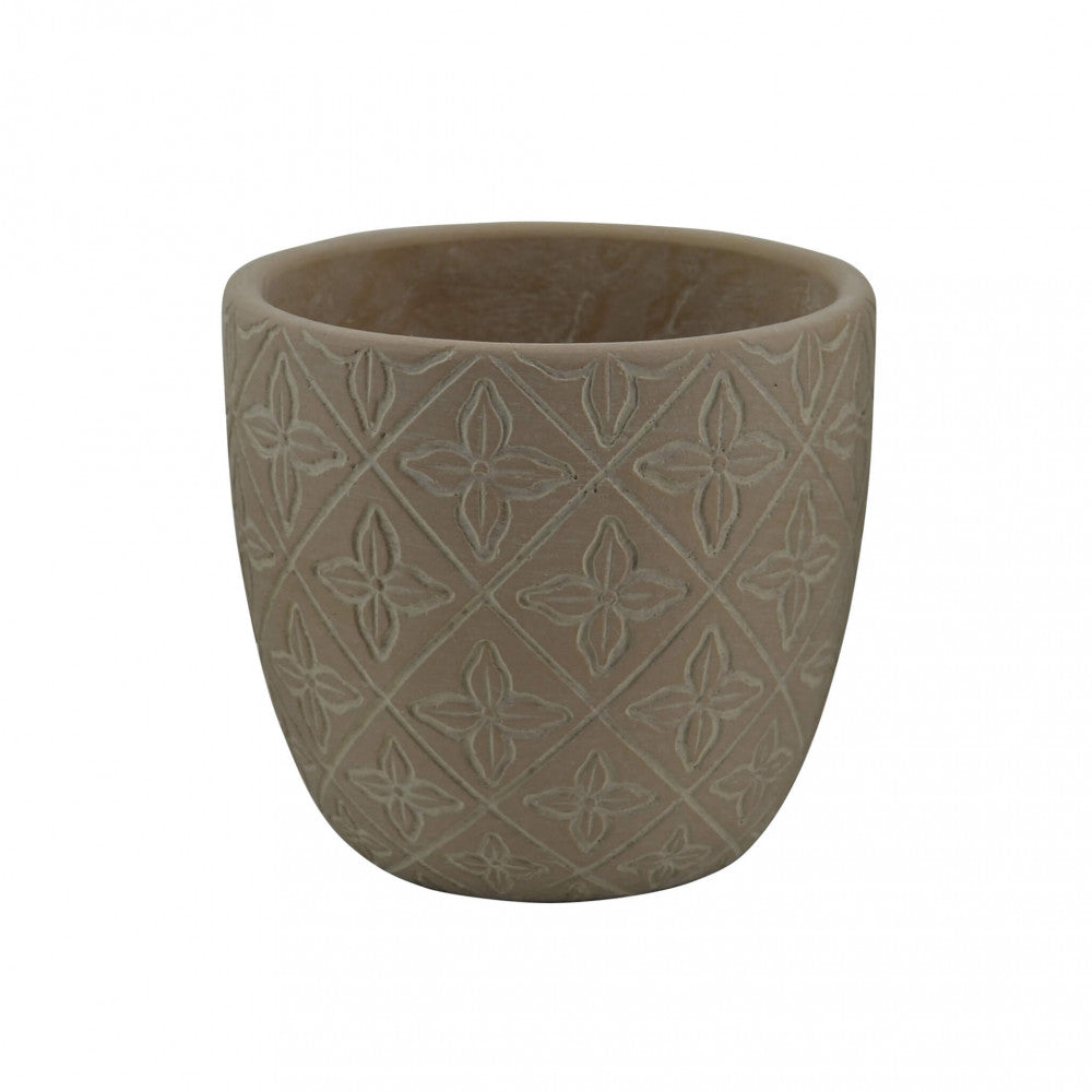 Dettaglio in studio del Vaso Medio Pansè vuoto, che mostra il motivo geometrico floreale a rilievo sulla fibra sintetica.