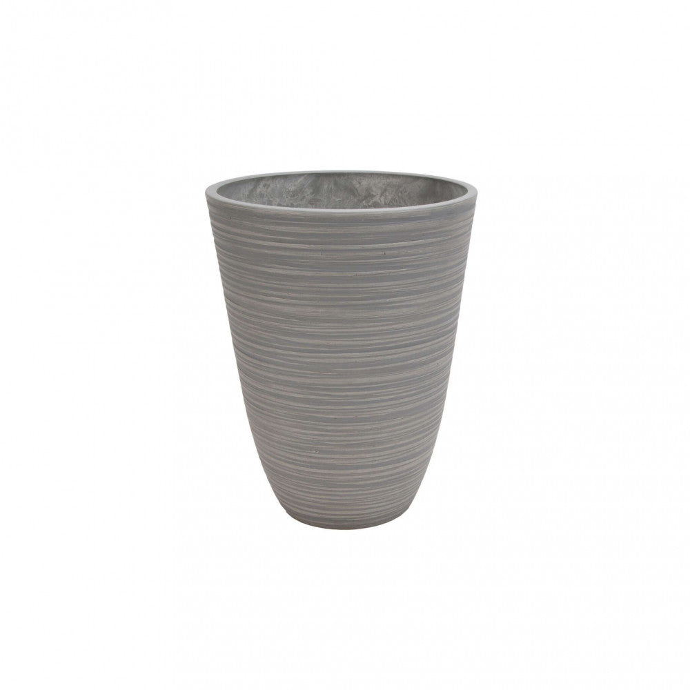 Vista frontale del Vaso Piccolo Anemone in fibra sintetica antracite, che mostra la texture a righe orizzontali su sfondo bianco.