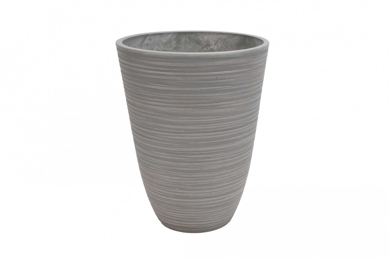 Vista angolata del Vaso Anemone antracite, evidenziando la finitura interna e la robustezza della fibra sintetica.