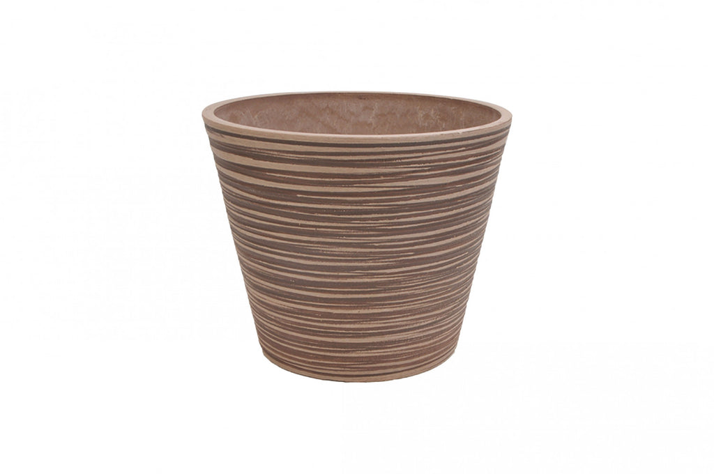 Vista angolata del Vaso Piccolo Camelia color taupe che evidenzia la finitura materica e il design compatto.