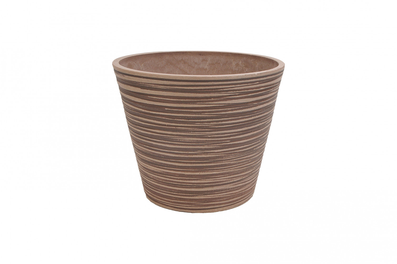 Vista angolata del Vaso Piccolo Camelia color taupe che evidenzia la finitura materica e il design compatto.