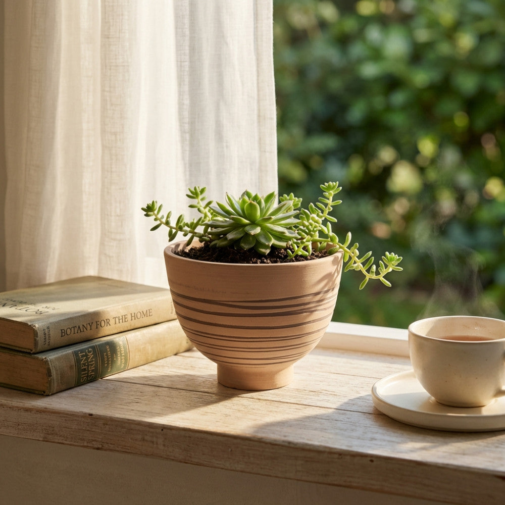 Vaso Piccolo Narciso color taupe con pianta succulenta, posizionato su un davanzale in legno accanto a libri antichi e una tazza fumante, illuminato dalla luce naturale.