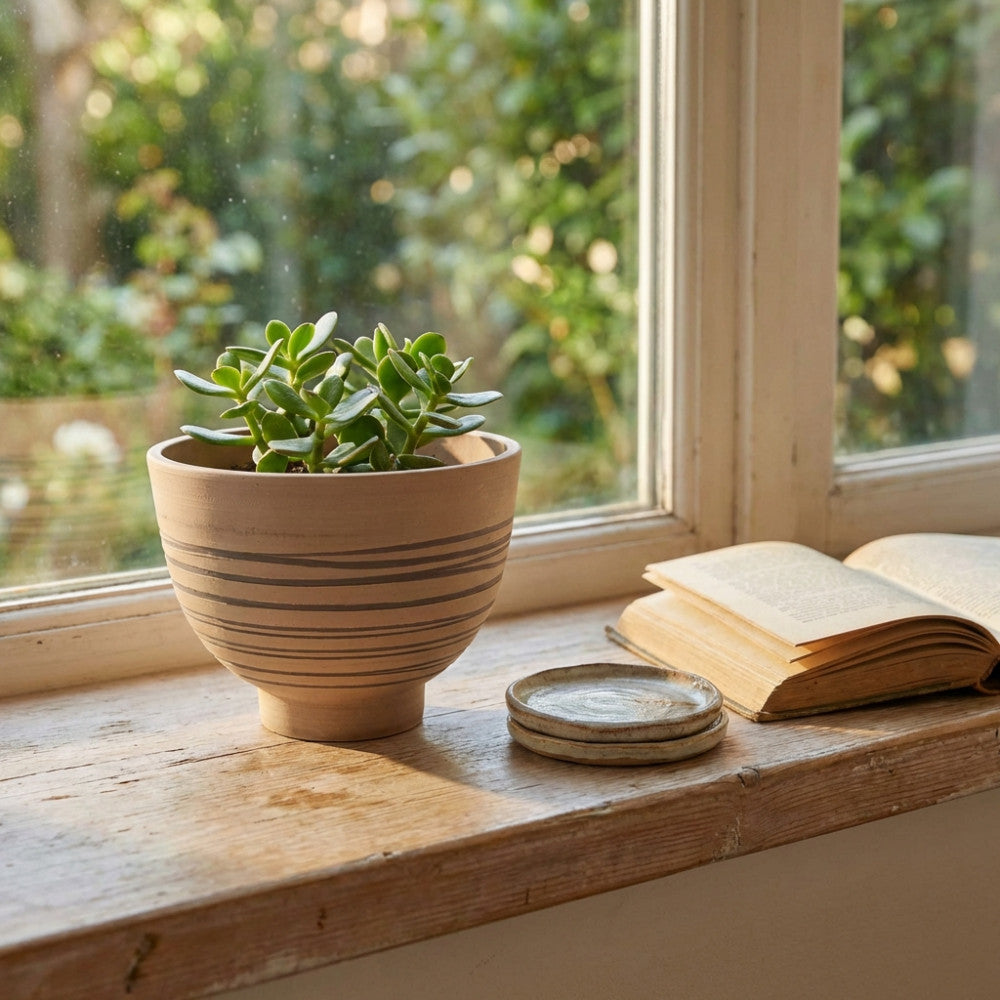 Dettaglio del Vaso Piccolo Narciso in fibra sintetica con pianta verde, appoggiato su un davanzale rustico vicino a un libro aperto e piattini in ceramica.