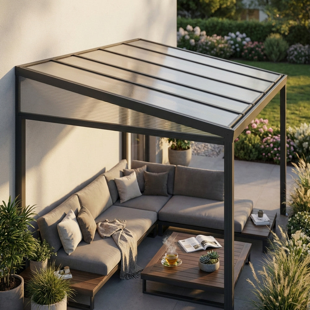 Gazebo veranda addossata in policarbonato grigio scuro con salotto da esterni.