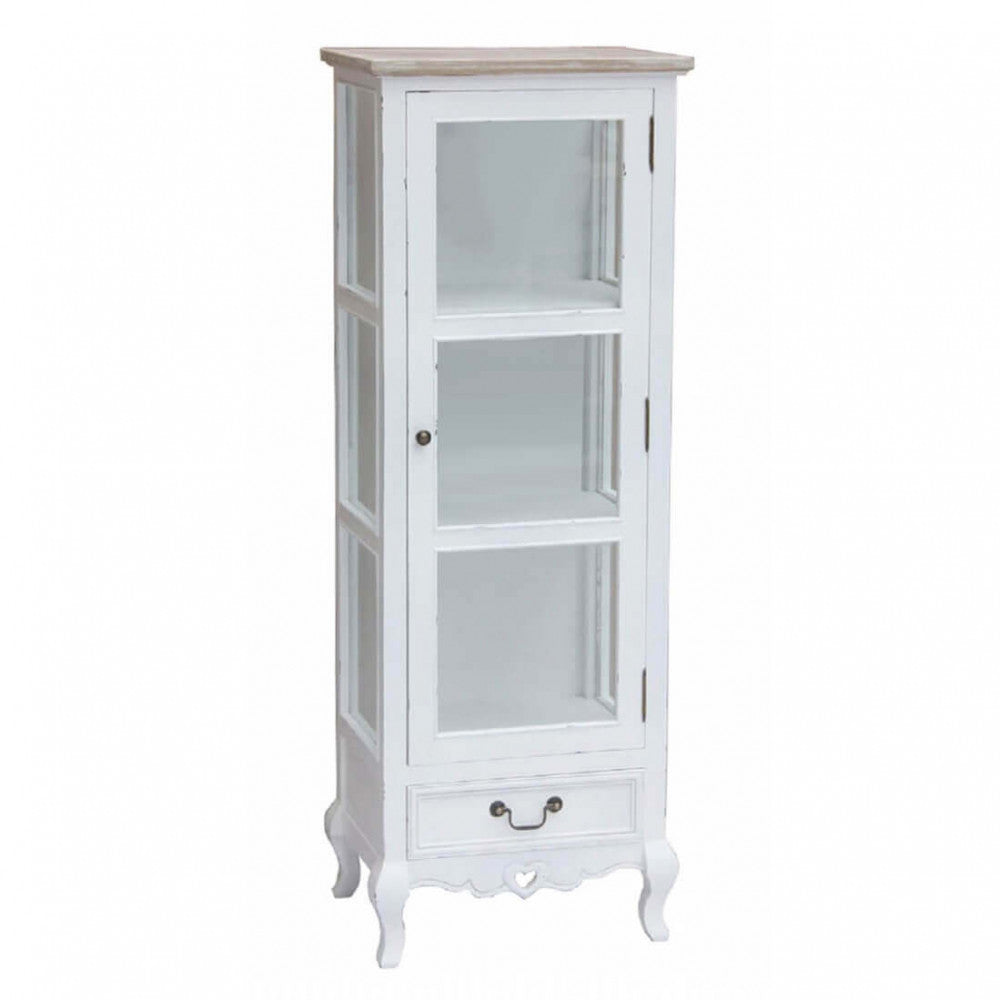 Vista frontale angolata della vetrina shabby chic bianca con anta in vetro e cassetto inferiore.