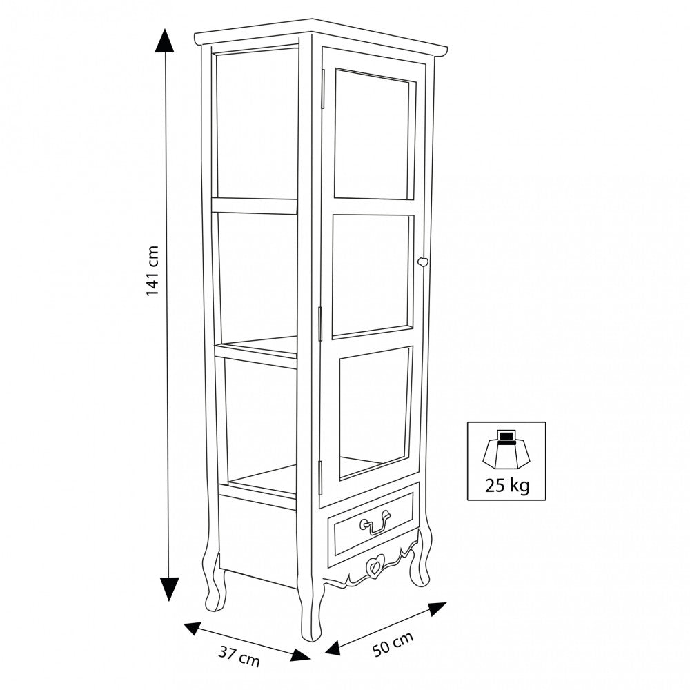 Disegno tecnico della vetrina con dimensioni: altezza 141 cm, larghezza 50 cm, profondità 37 cm e peso 25 kg.