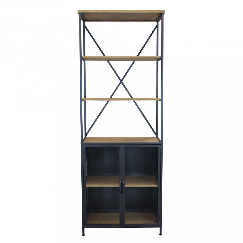 panoramica frontale Libreria Mobile Brock in legno marrone e struttura in acciaio nero, stile industriale e imponente | Albert Stock