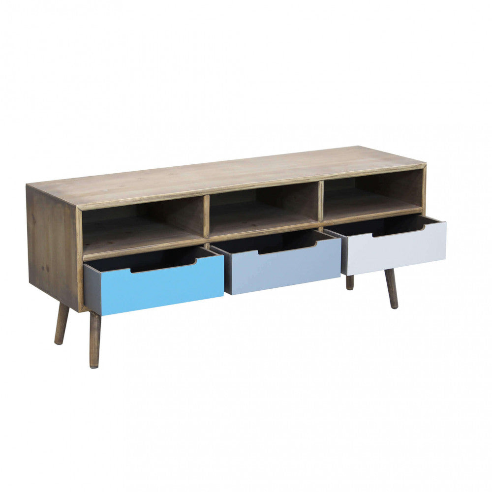 Vista con cassetti aperti del Porta TV Tiburg con struttura in MDF, gambe in pino e design multicolor, ideale per aggiungere un tocco vivace al soggiorno | Albert Stock
