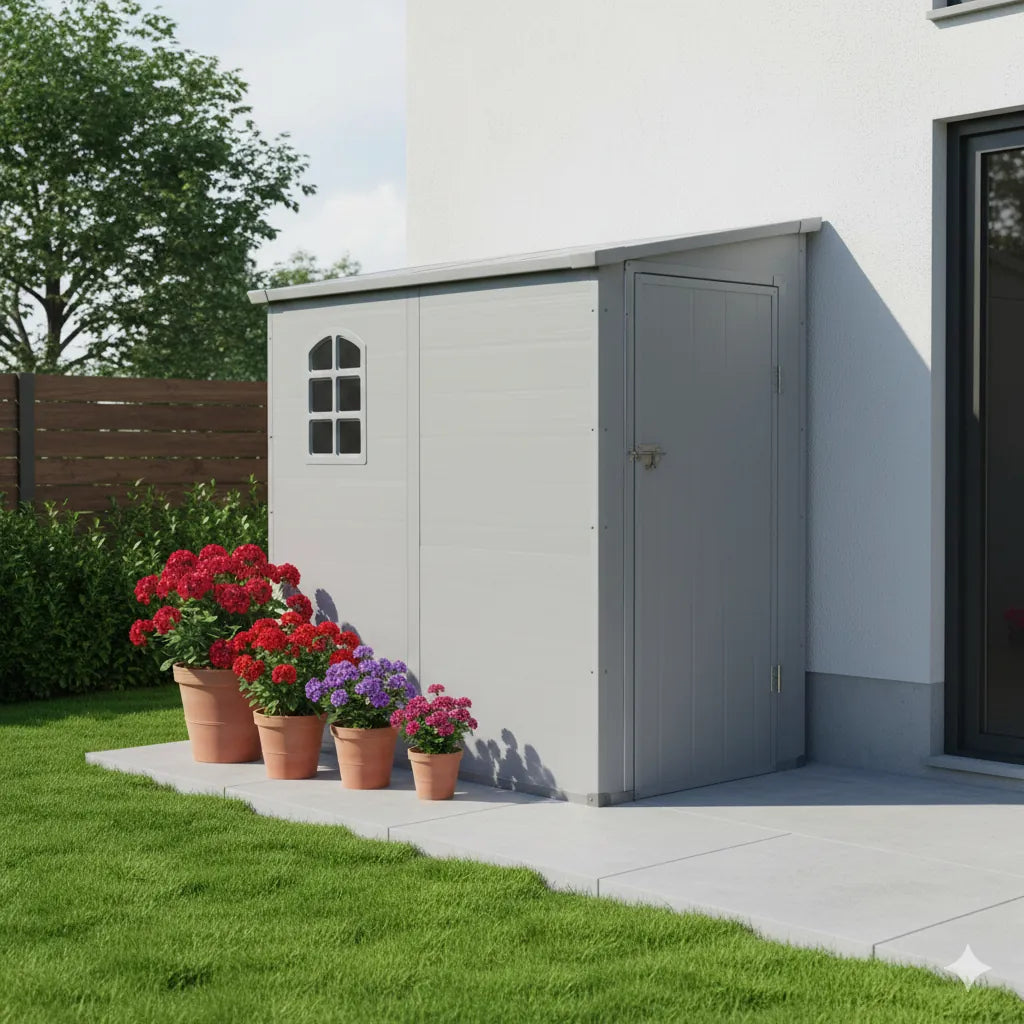 Casetta da giardino Hause in plastica di colore grigio cahiaro, con design funzionale e robusto, per riporre attrezzi e accessori, ambientata in giardino