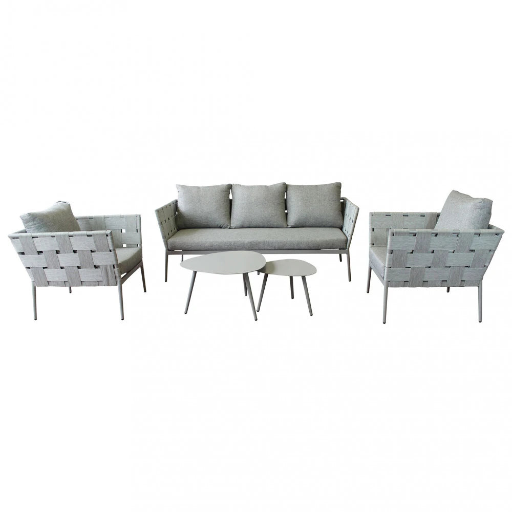 Salotto Dakar Tortora da esterno in Alluminio verniciato, composto da divano 3 posti, due poltrone e due tavolini, con cuscini inclusi.